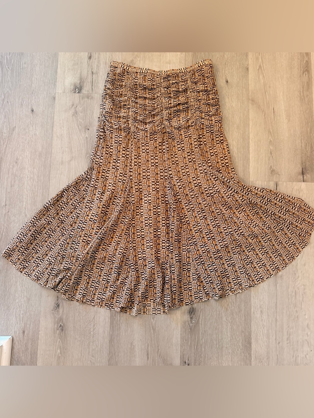 Vintage Tapemeasure Ruched Geometric Midi Skirt Small Brown Tan Y2K Retro Whims